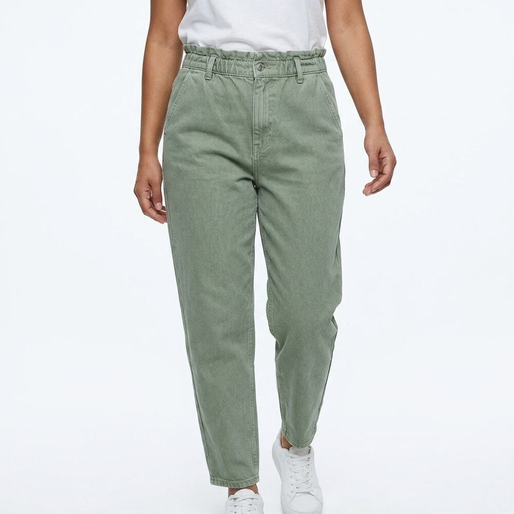 Zara Sage Green High Waisted Paperbag Denim Tapered Jeans Women Size 0